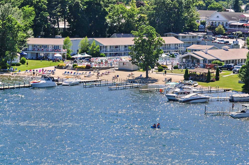 aerial view of the lake george and beach