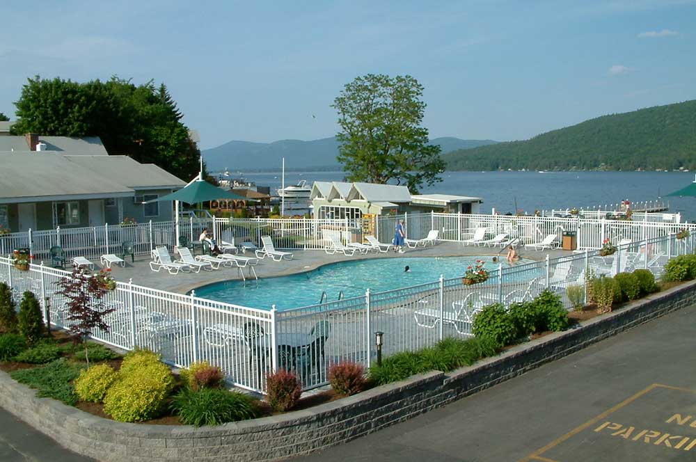 Pool area with views of lake george